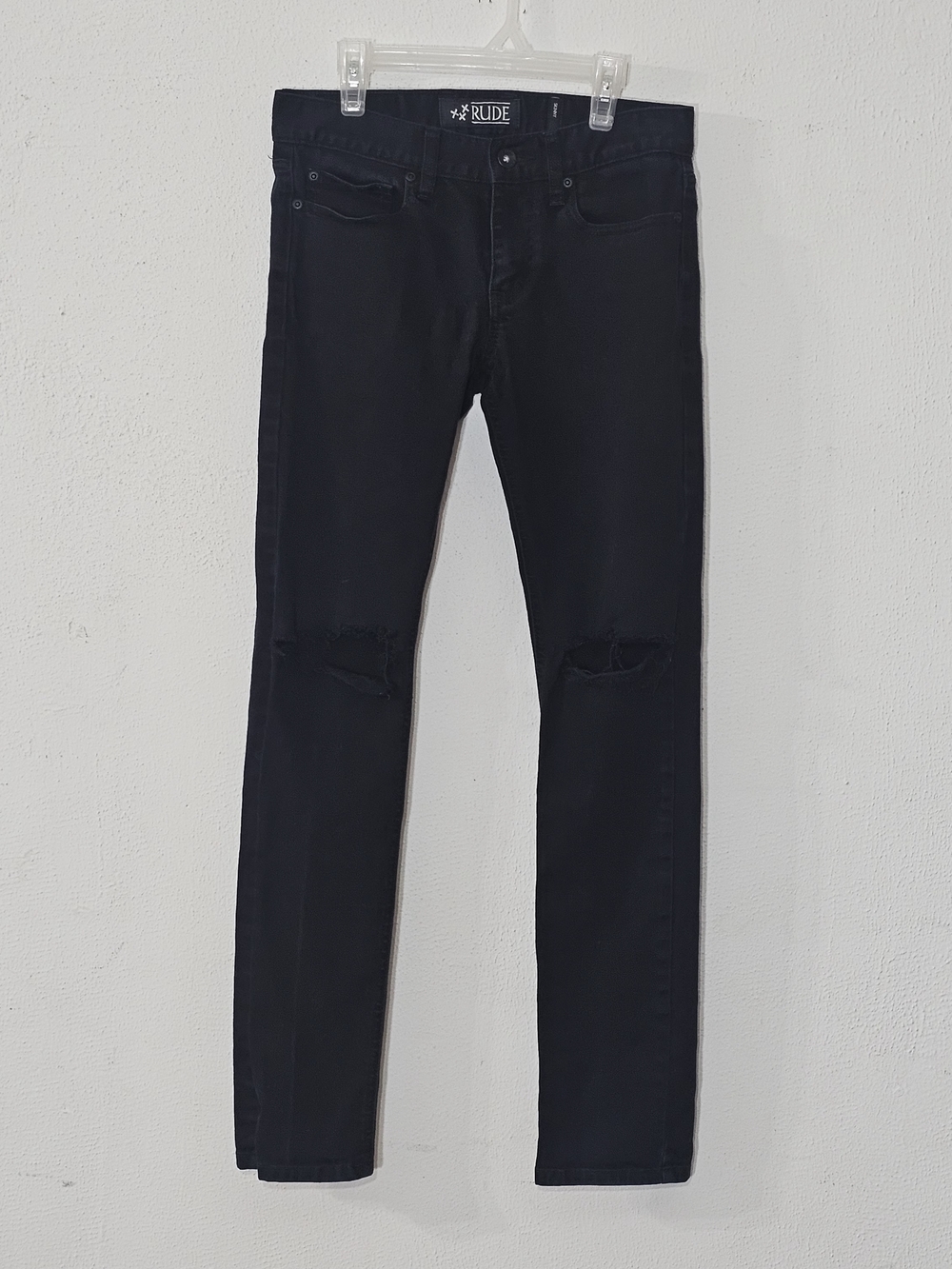 ​Rude Mens Skinny Jeans 28x32 Black Distressed Ripped Knee Stretch Denim Emo Y2K